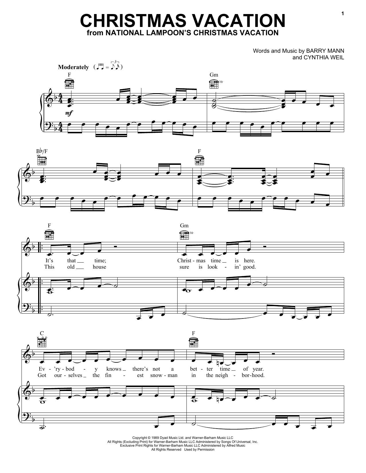 Download Cynthia Weil Christmas Vacation Sheet Music and learn how to play Piano, Vocal & Guitar (Right-Hand Melody) PDF digital score in minutes