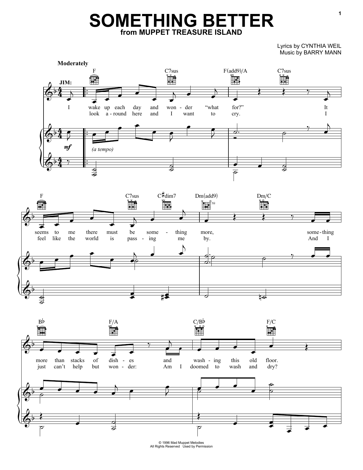 Download Cynthia Weil Something Better (from Muppet Treasure Island) Sheet Music and learn how to play Piano, Vocal & Guitar Chords (Right-Hand Melody) PDF digital score in minutes