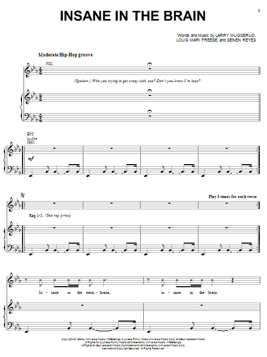 Download Cypress Hill Insane In The Brain Sheet Music and learn how to play Piano, Vocal & Guitar (Right-Hand Melody) PDF digital score in minutes