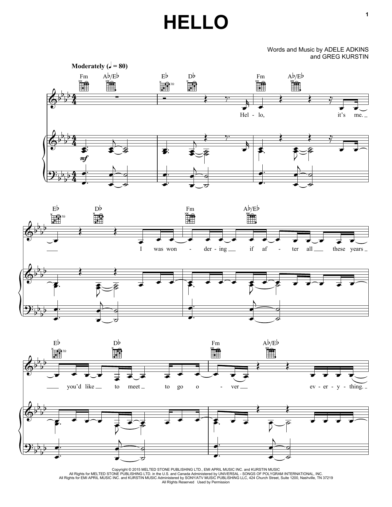Adele "Hello" Sheet Music Notes | Download Printable PDF Score 123167