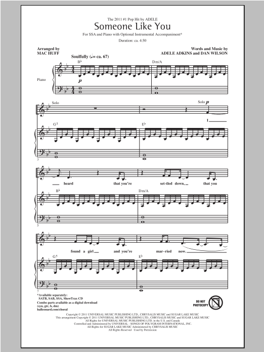 Adele Someone Like You Arr Mac Huff Sheet Music Notes Chords Ssa Download Rock 923 Pdf