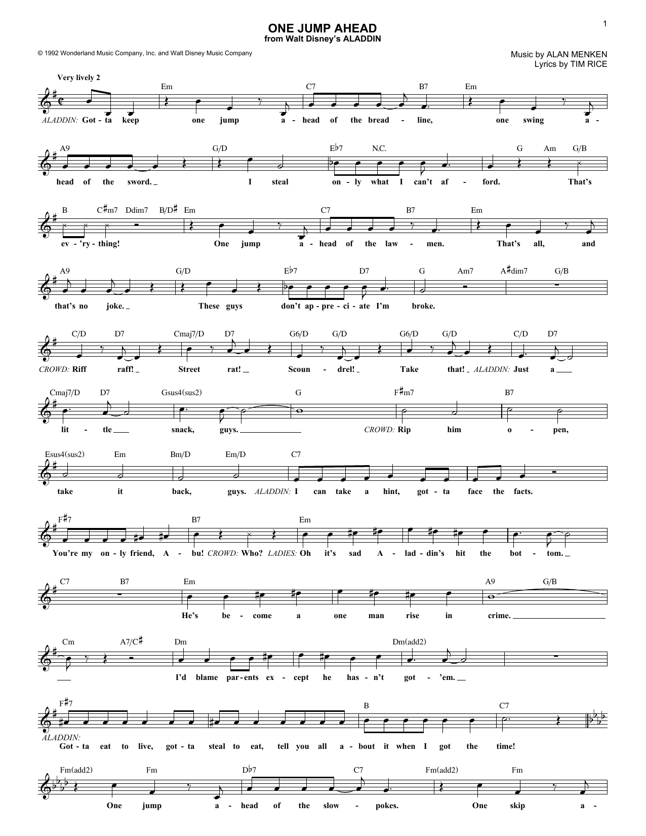 Alan Menken One Jump Ahead From Aladdin Sheet Music Notes Download Printable Pdf Score