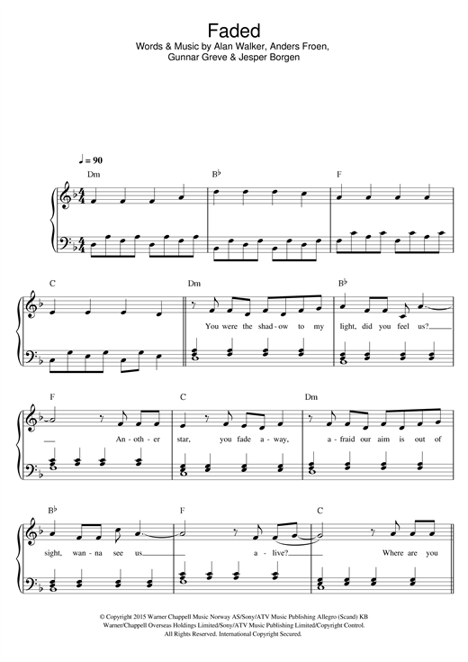 Alan Walker Faded Sheet Music Notes Chords Piano Vocal Guitar Right Hand Melody Download Pop Pdf