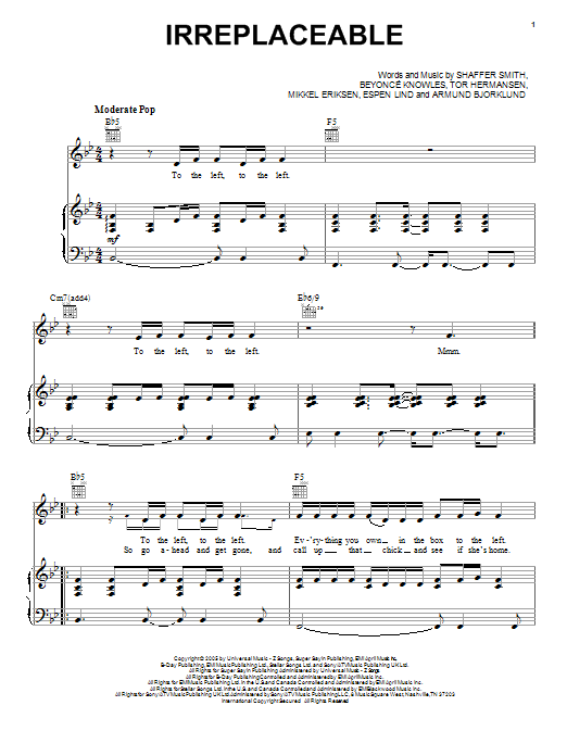 Beyoncé "Irreplaceable" Sheet Music Notes, Chords | Piano, Vocal