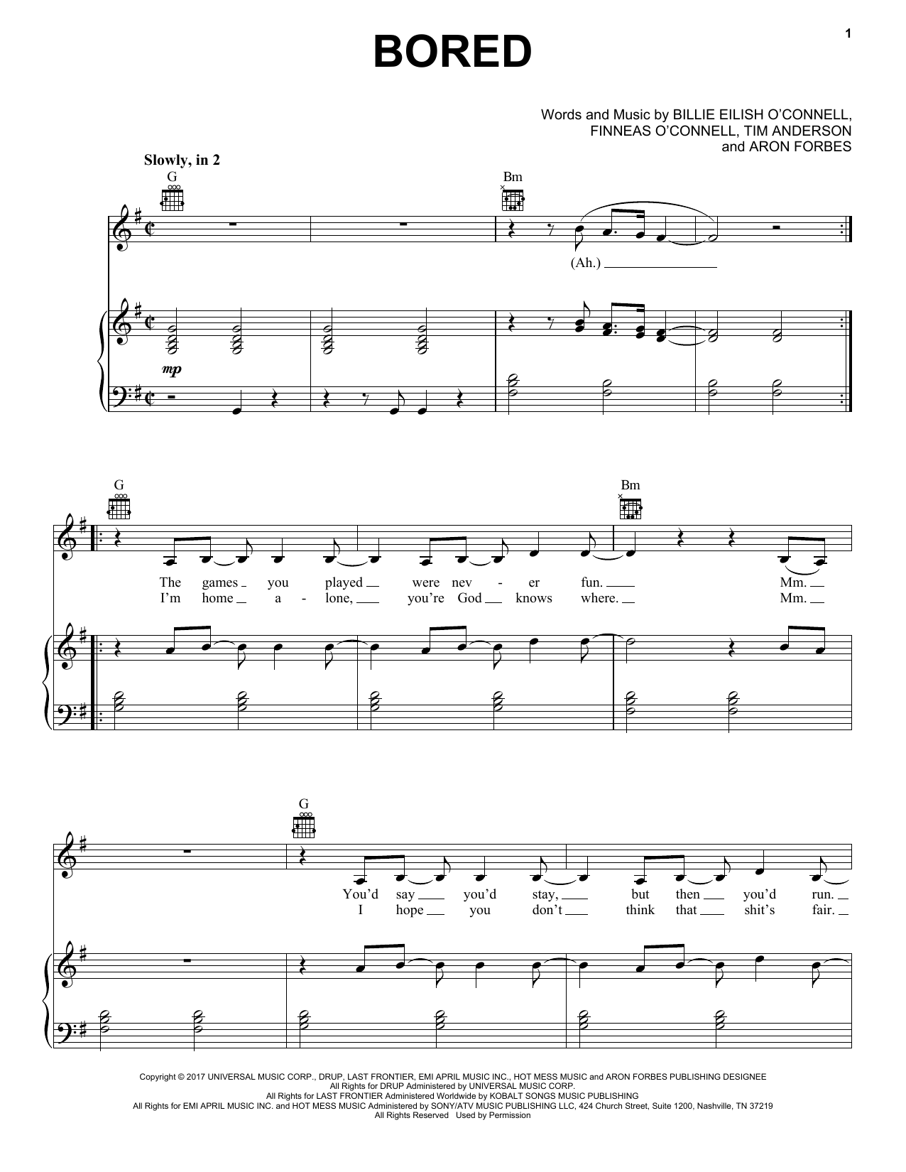Billie Eilish "Bored (from 13 Reasons Why)" Sheet Music Notes