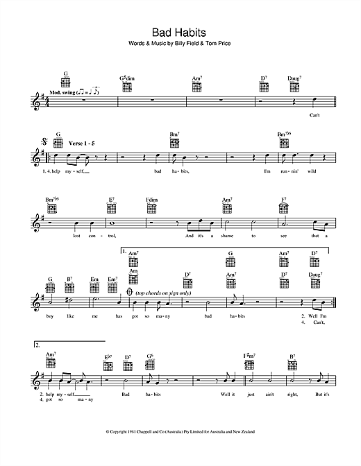 Billy Field "Bad Habits" Sheet Music Notes | Download Printable PDF