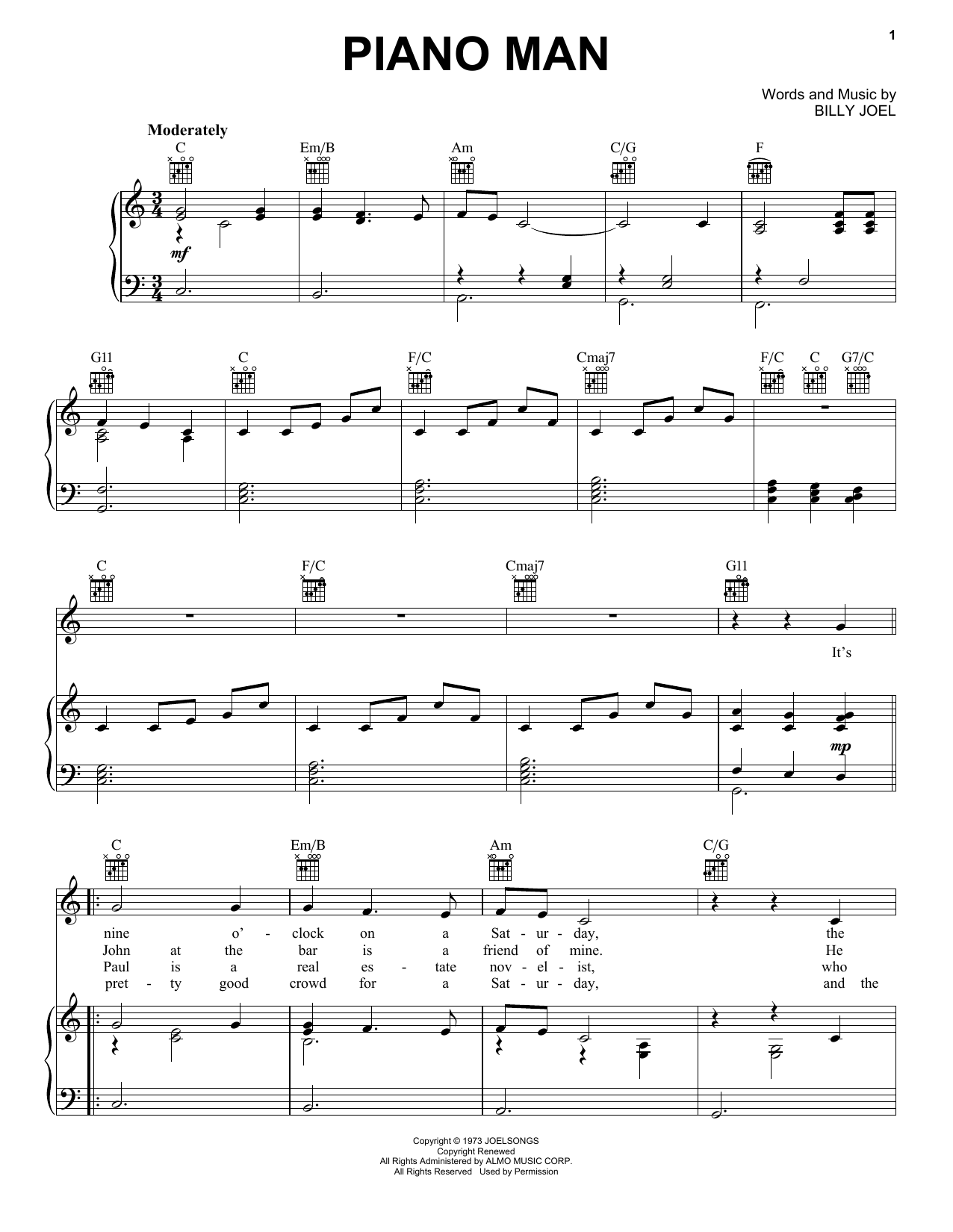 Billy Joel "Piano Man" Sheet Music Notes | Download Printable PDF Score