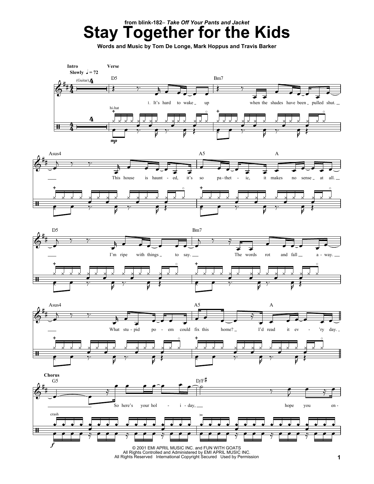Blink 182 "Stay Together For The Kids" Sheet Music Notes, Chords