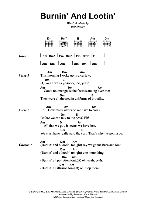Bob Marley Burnin And Lootin Sheet Music Notes Download Printable Pdf Score 41804