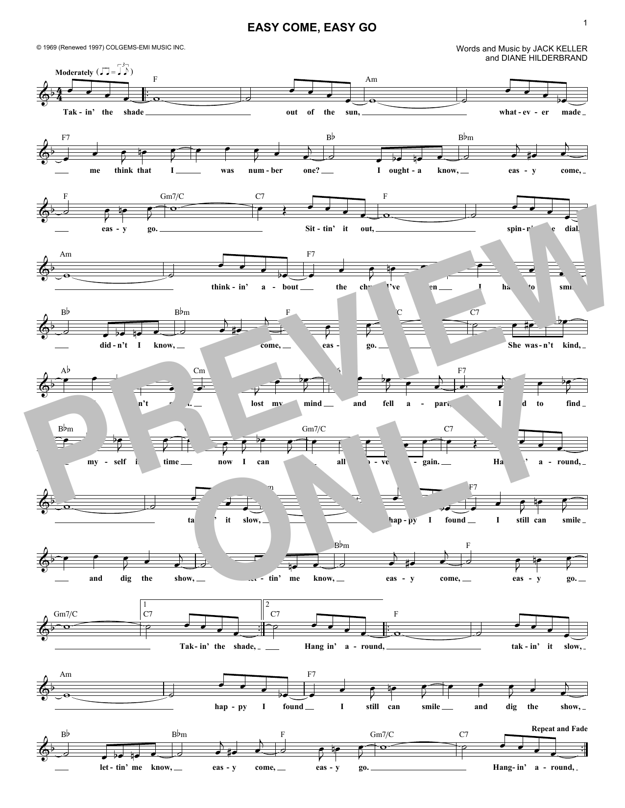 Bobby Sherman "Easy Come, Easy Go" Sheet Music Notes, Chords Melody