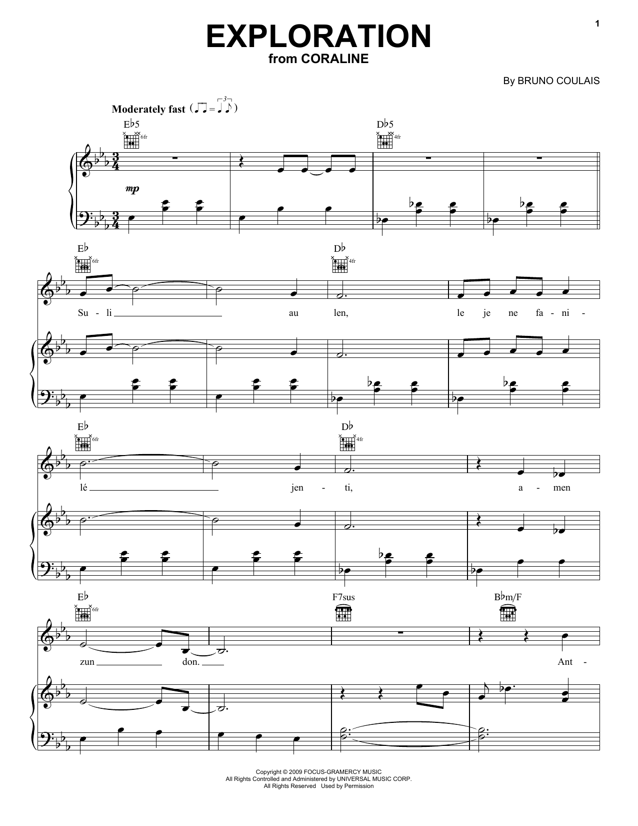 Bruno Coulais "Exploration (from Coraline)" Sheet Music Notes