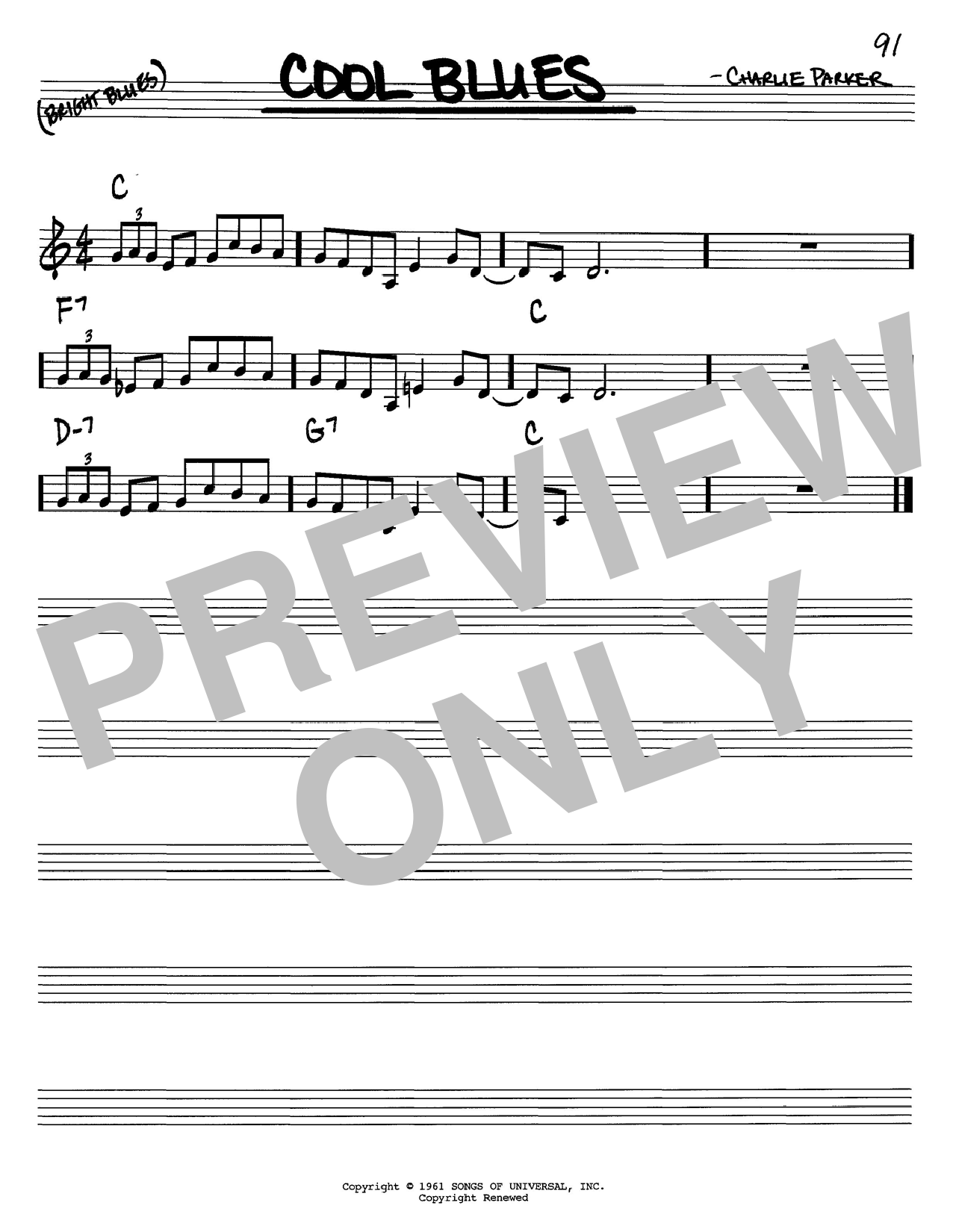 Charlie Parker Cool Blues Sheet Music Notes Chords Alto Sax