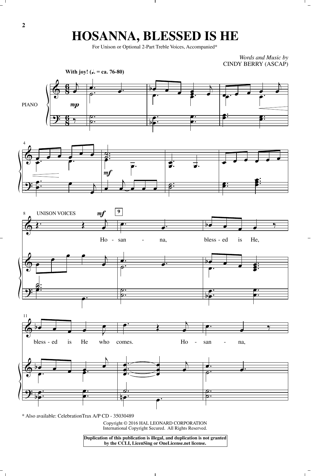 Cindy Berry &quot;Hosanna, Blessed Is He&quot; Sheet Music Notes, Chords | Unison Choral Download Sacred