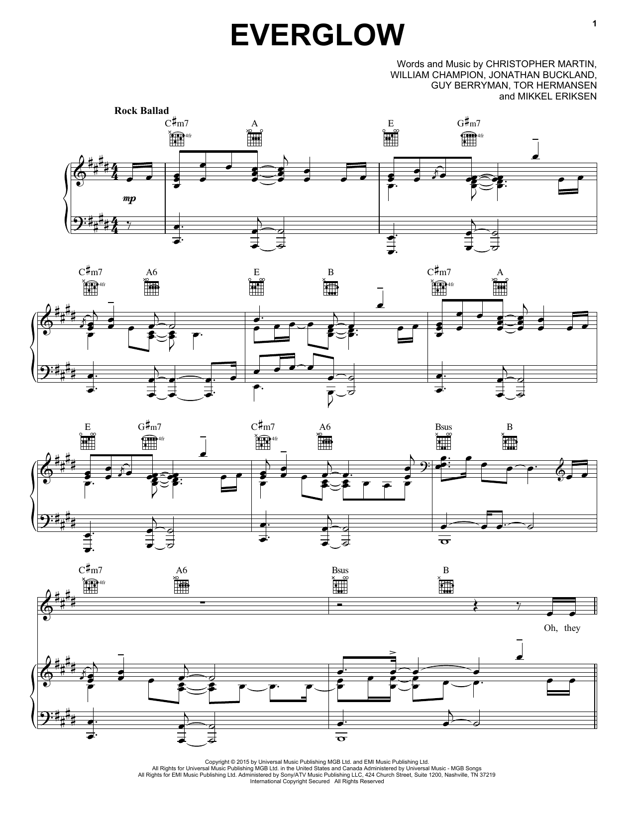 Coldplay "Everglow" Sheet Music Notes, Chords | Piano, Vocal & Guitar