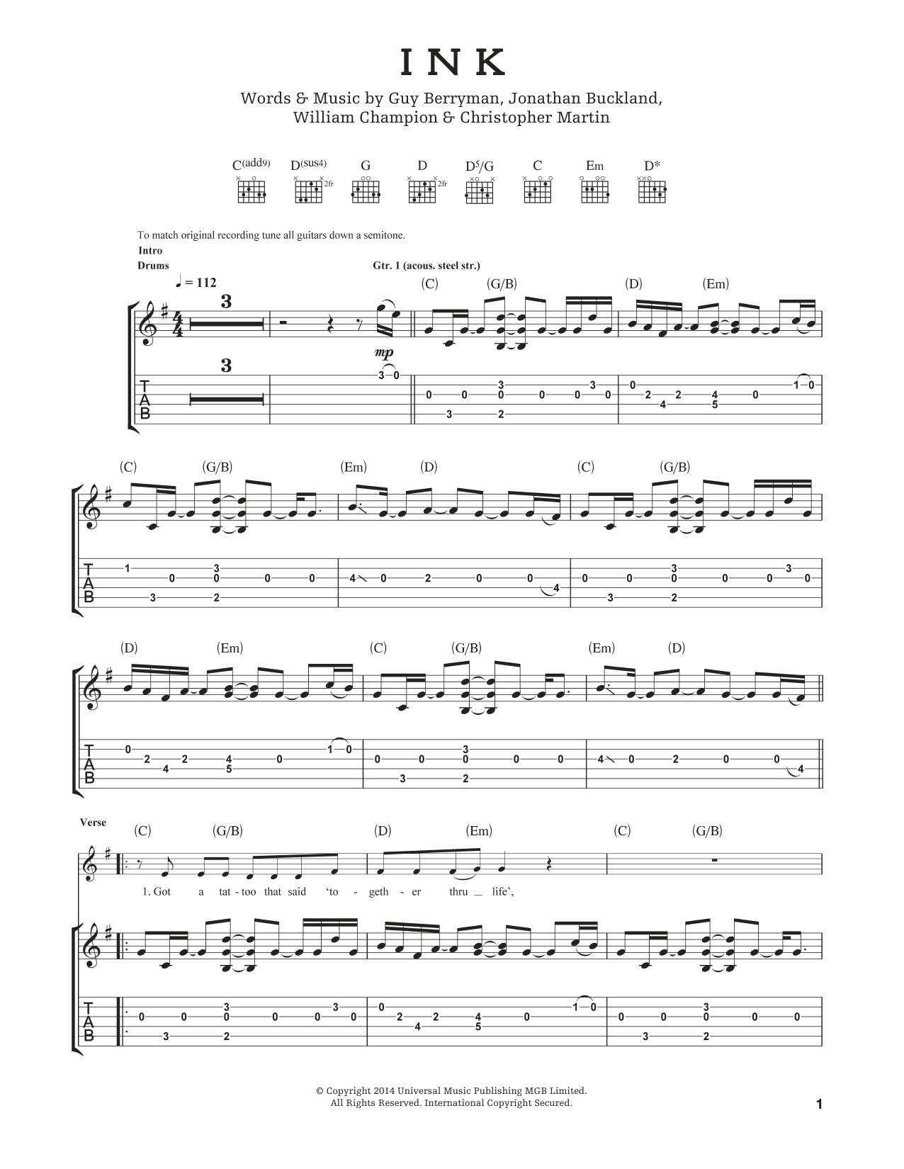 Coldplay "Ink" Sheet Music Notes Download Printable PDF Score 118876
