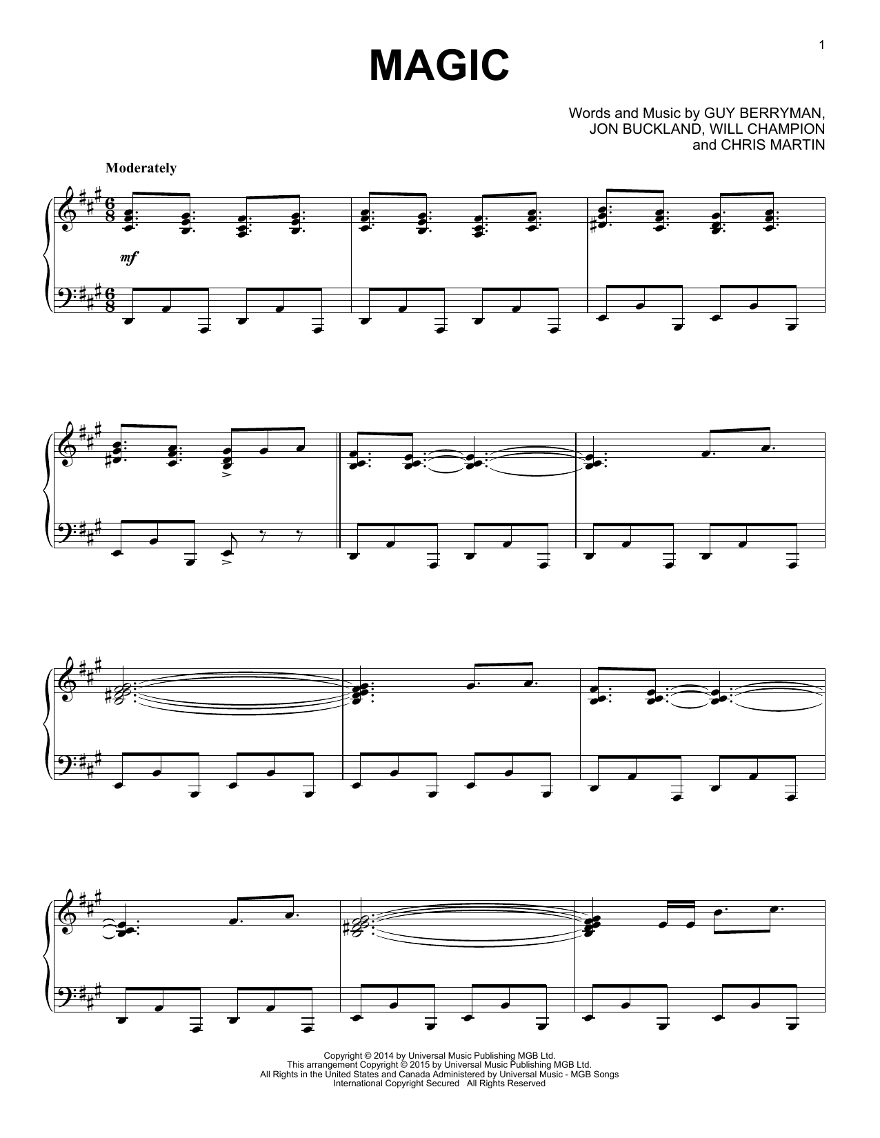 Coldplay "Magic" Sheet Music Notes, Chords | Piano Download Pop 161920 PDF