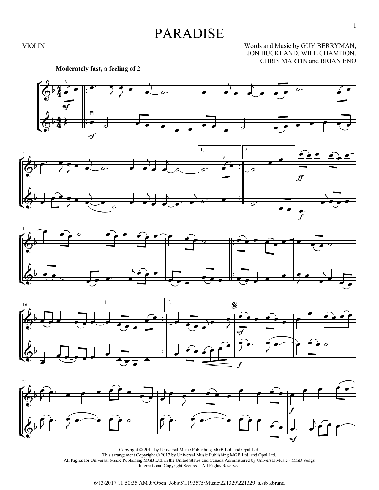 Coldplay "Paradise" Sheet Music Notes, Chords | Drums Download Rock