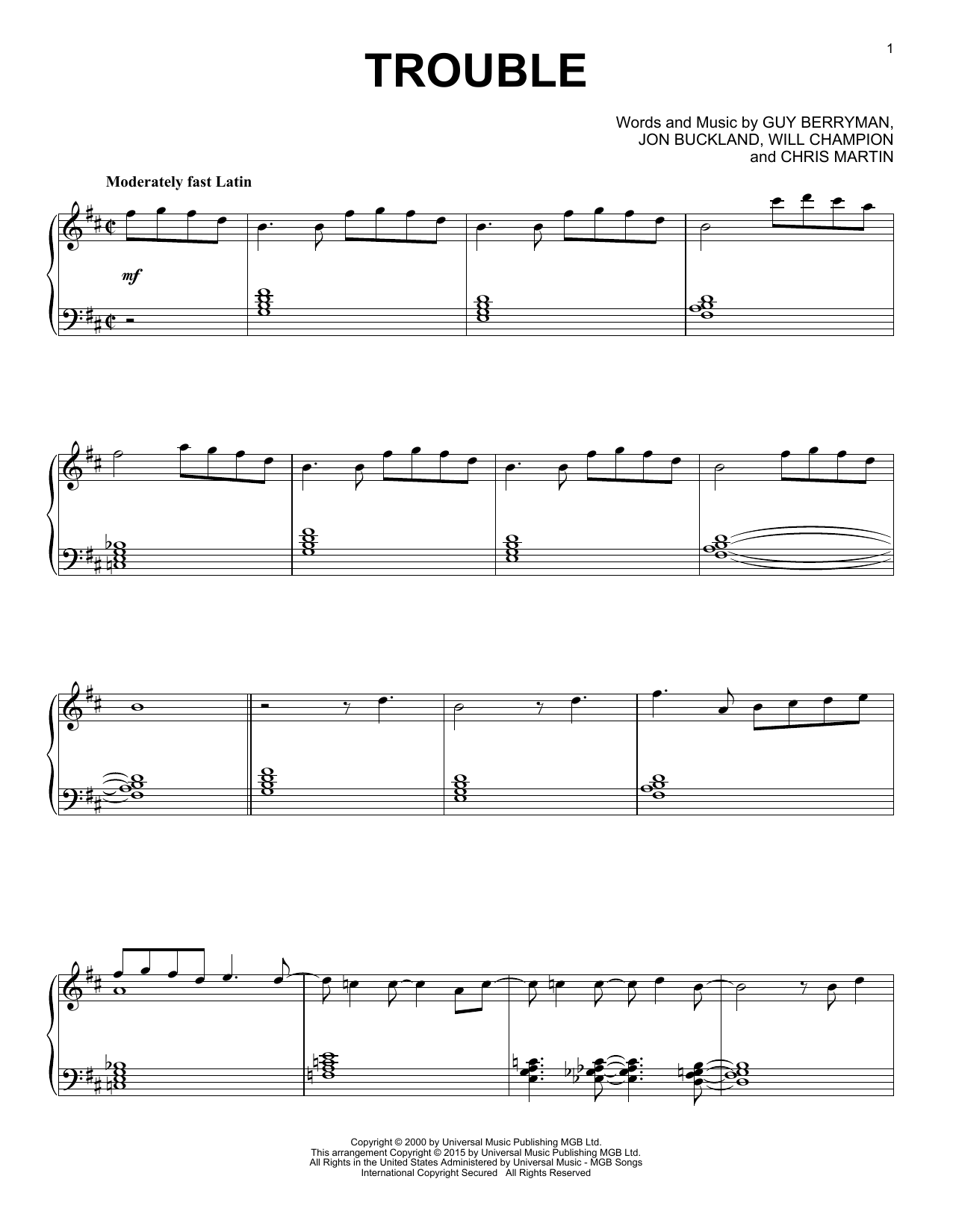 Coldplay "Trouble" Sheet Music Notes, Chords | Piano Download Jazz