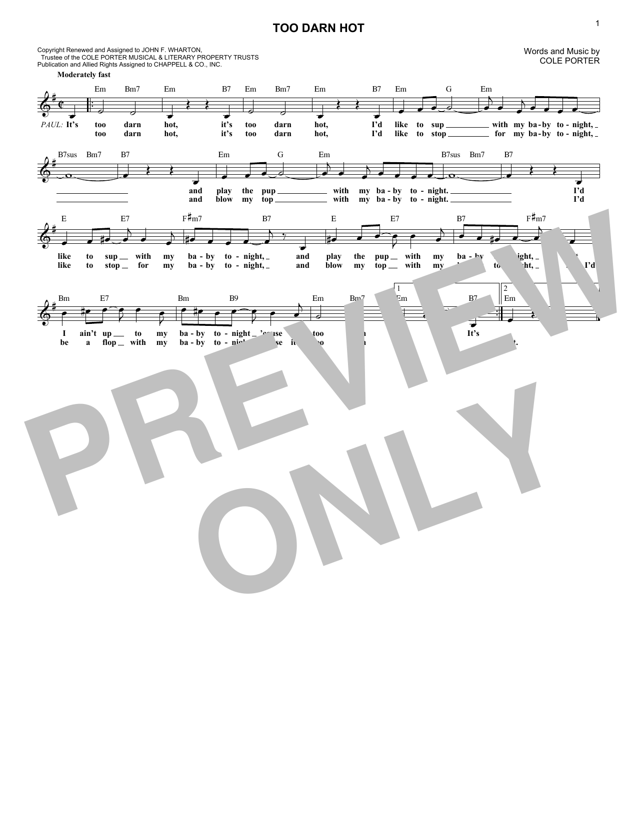 Cole Porter Too Darn Hot From Kiss Me Kate Sheet Music Notes Download Printable Pdf Score 9743