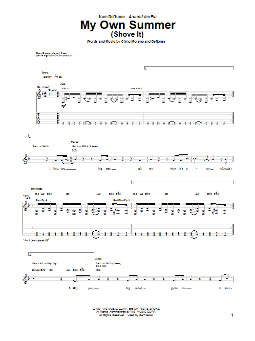 Deftones "My Own Summer (Shove It)" Sheet Music Notes Download