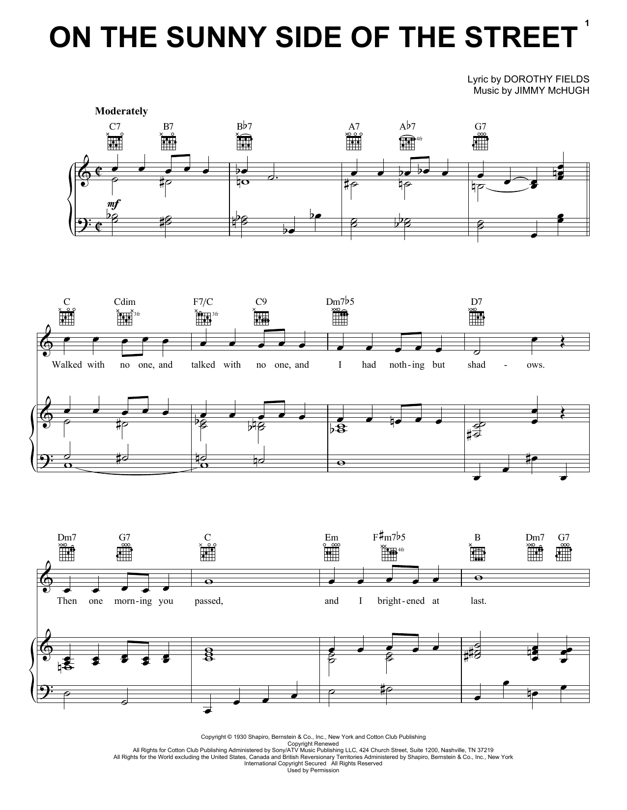 Dorothy Fields On The Sunny Side Of The Street Sheet Music Notes Download Printable Pdf Score