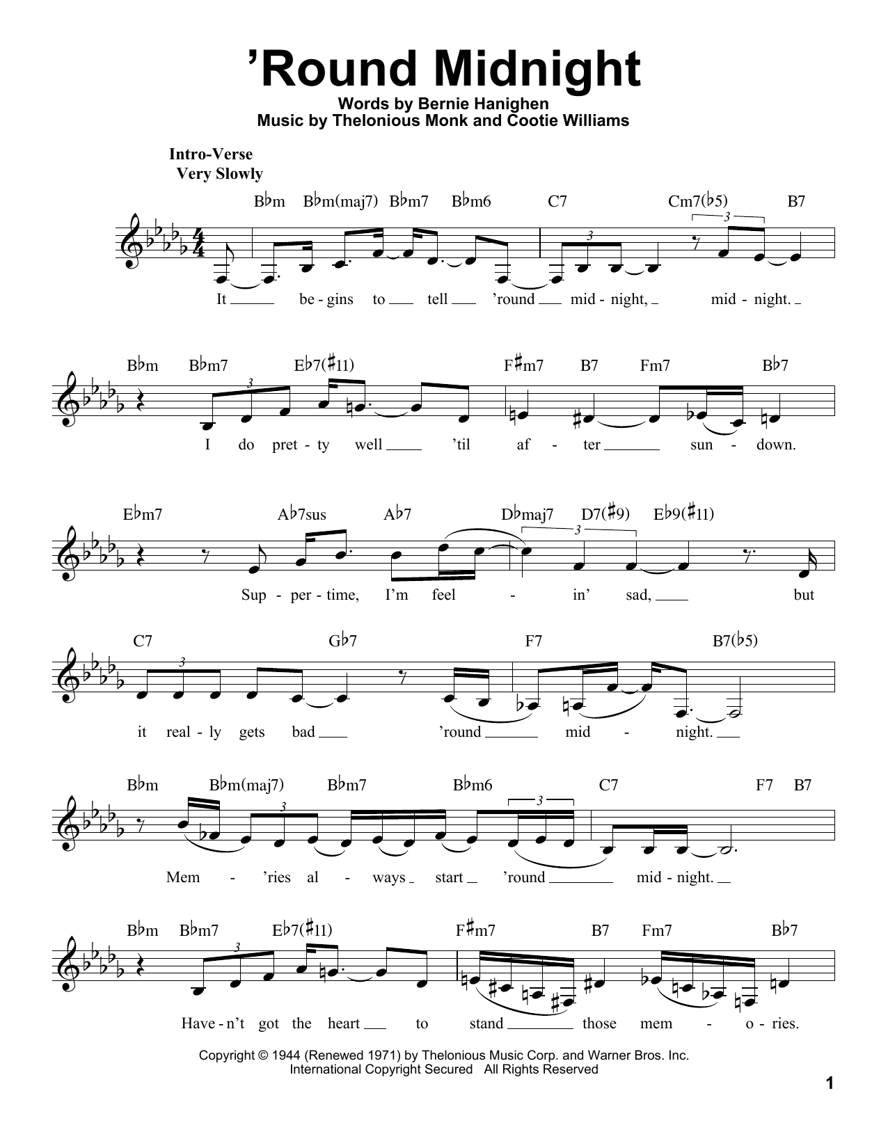 Ella Fitzgerald "'Round Midnight" Sheet Music Notes, Chords Voice