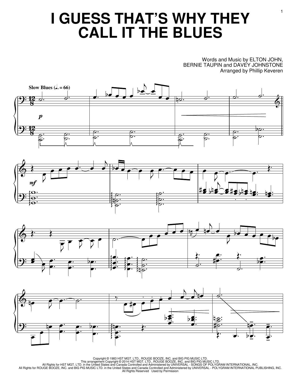 Hvert år falskhed rive ned Elton John "I Guess That's Why They Call It The Blues [Classical version]  (arr. Phillip Keveren)" Sheet Music Notes | Download Printable PDF Score  154329