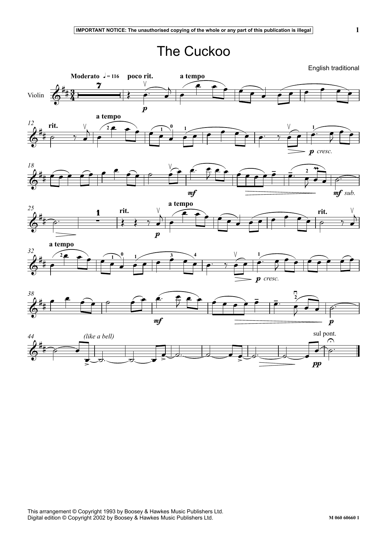 English Traditional "The Cuckoo" Sheet Music Notes Download Printable