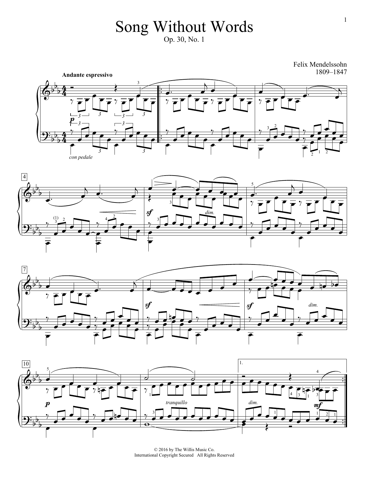 Felix Mendelssohn "Song Without Words, Op. 30, No. 1" Sheet Music Notes