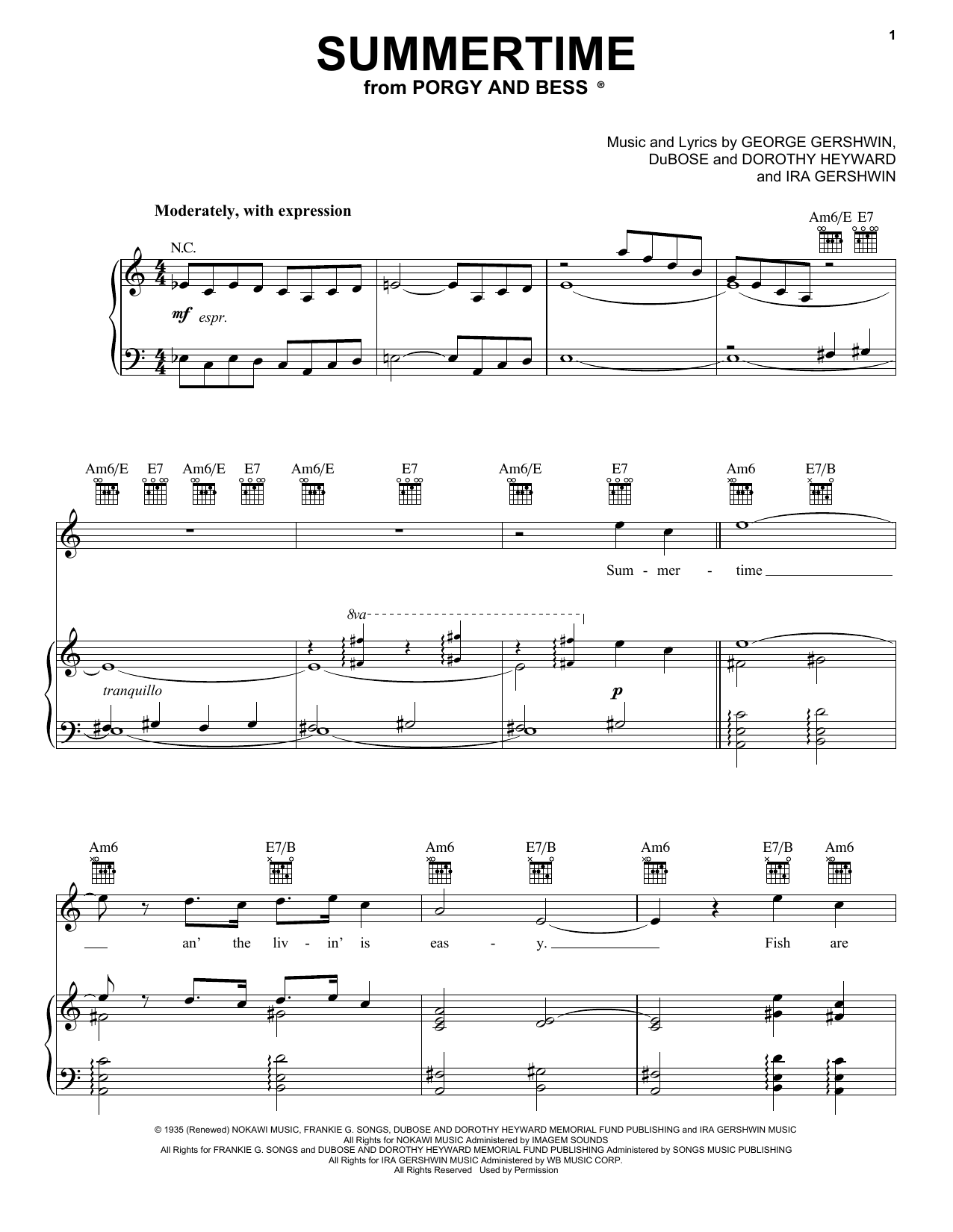 George Gershwin Summertime Sheet Music Notes Download Printable PDF 