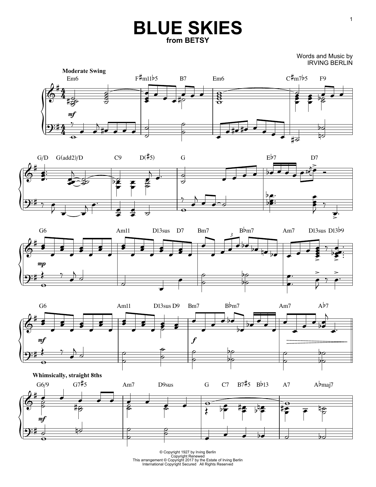 Irving Berlin "Blue Skies [Jazz version]" Sheet Music Notes | Download  Printable PDF Score 188557
