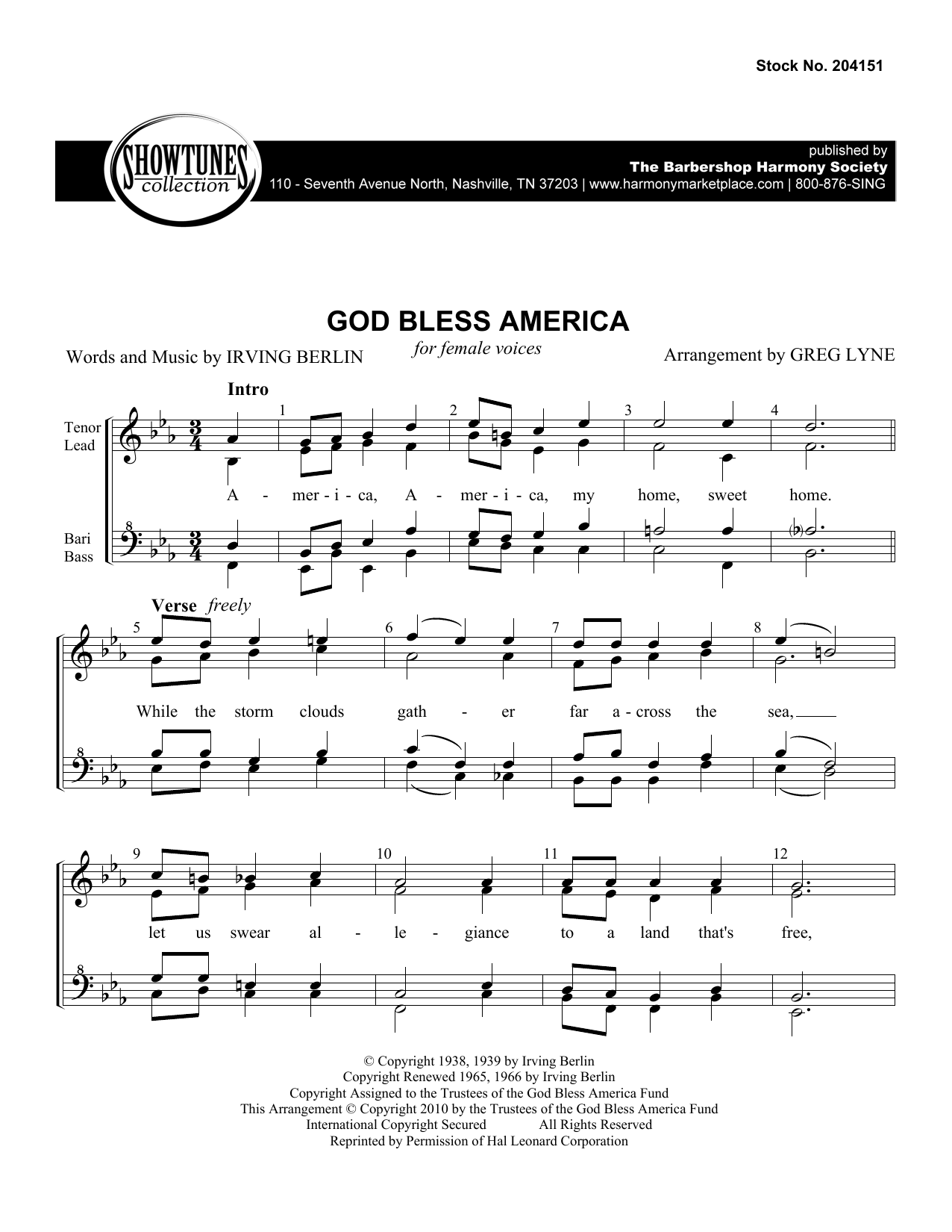 Irving Berlin "God Bless America (arr. Greg Lyne)" Sheet Music Notes |  Download Printable PDF Score 474870
