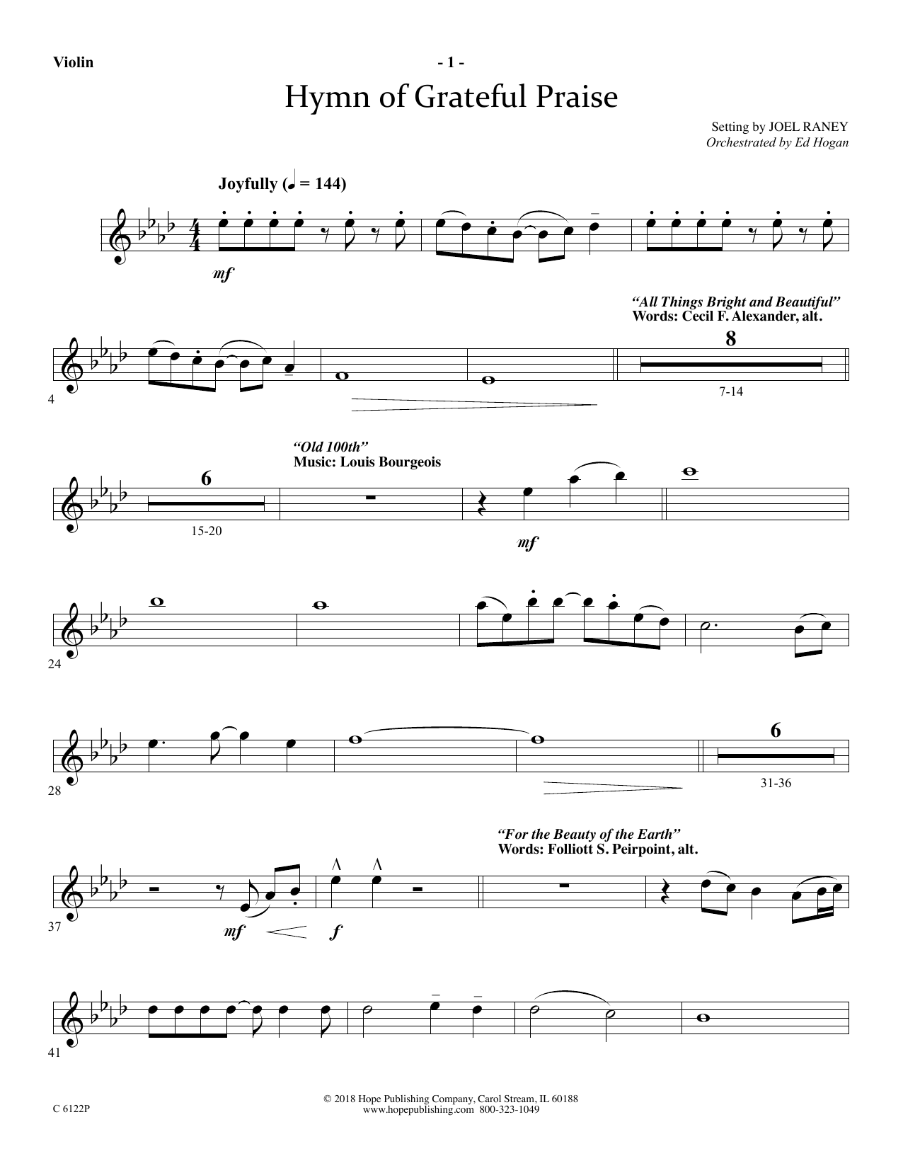 Joel Raney "Hymn Of Grateful Praise - Violin" Sheet Music Notes ...