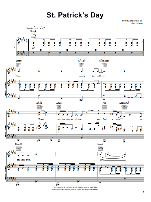John Mayer "St. Patrick's Day" Sheet Music Notes | Download Printable