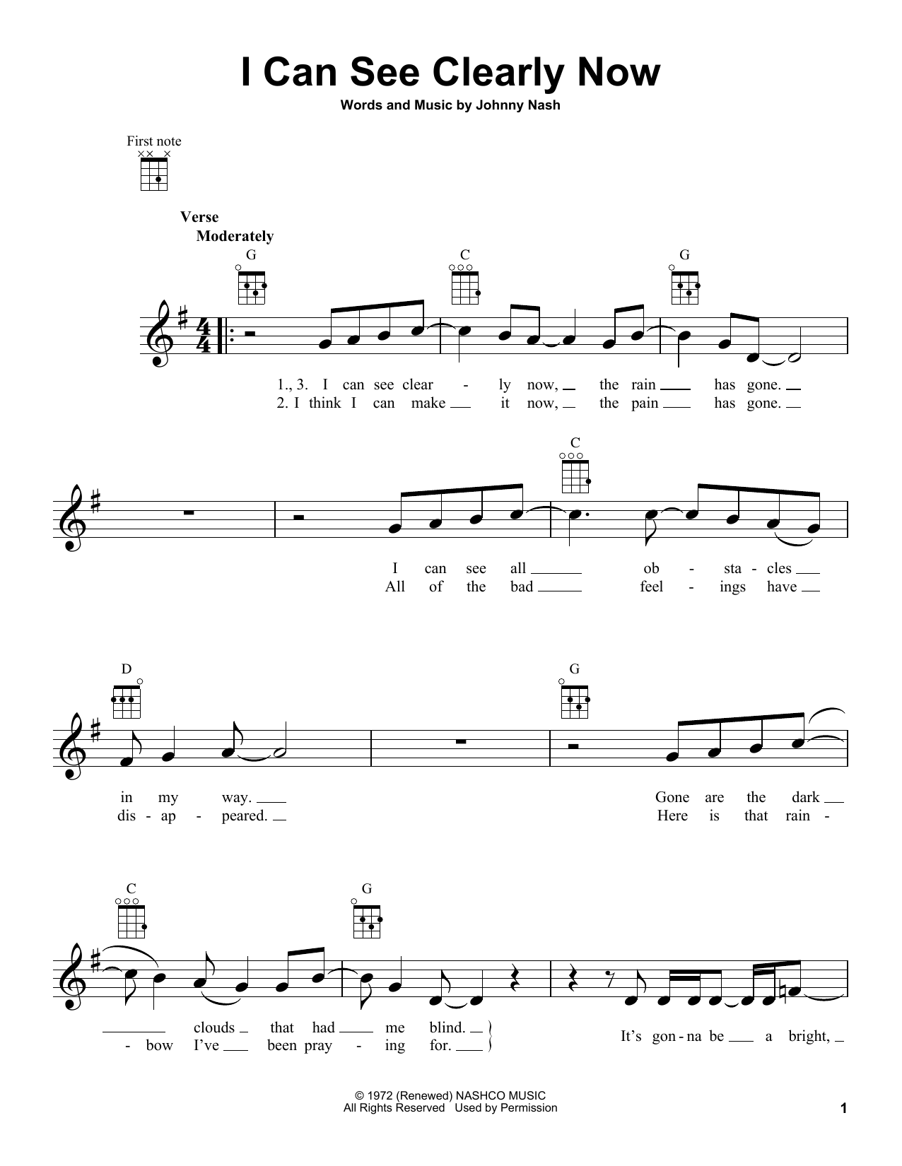 Johnny Nash I Can See Clearly Now Sheet Music Notes Download Printable Pdf Score 155780
