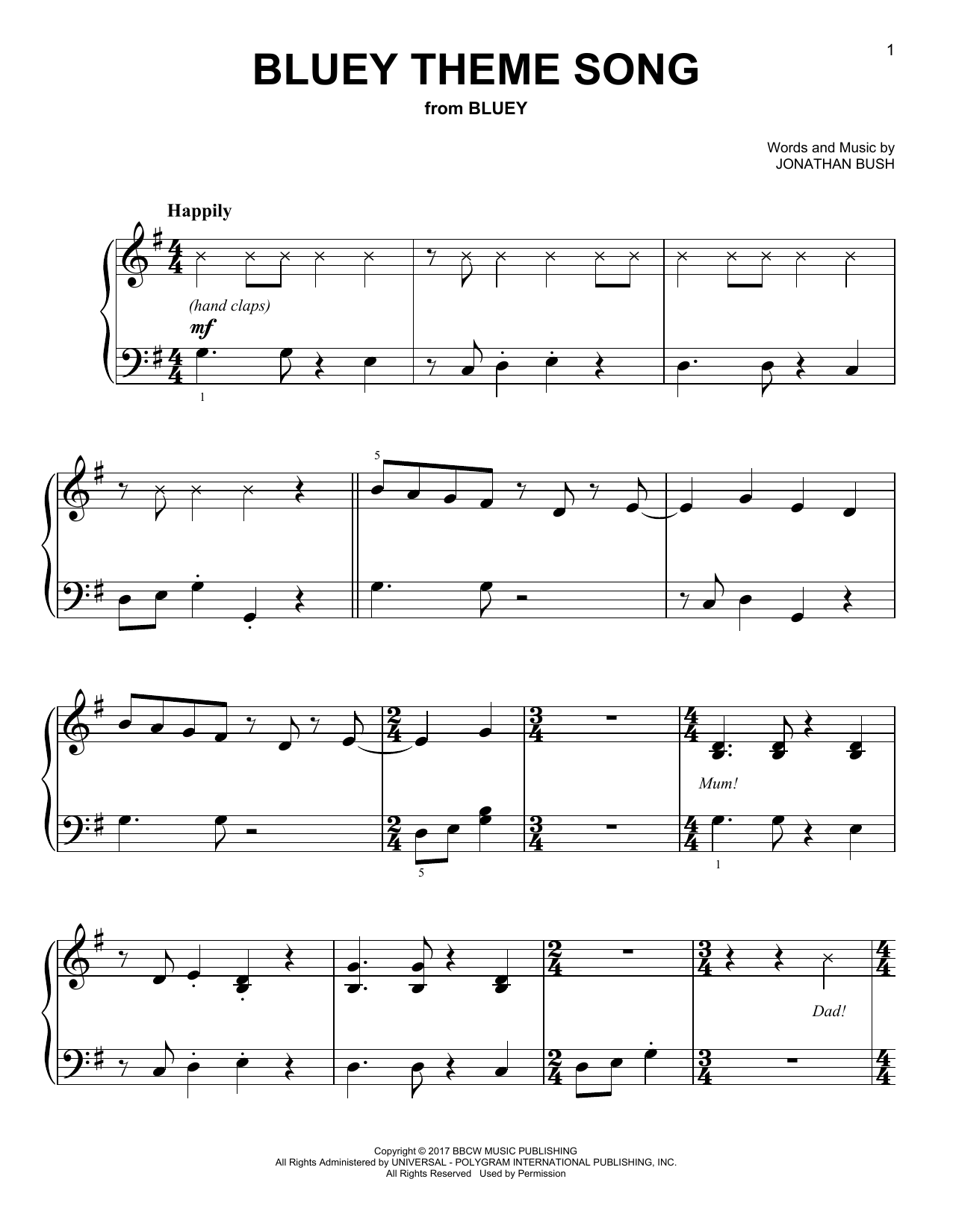 Jonathan Bush Bluey Theme Song Sheet Music Notes Download Printable 