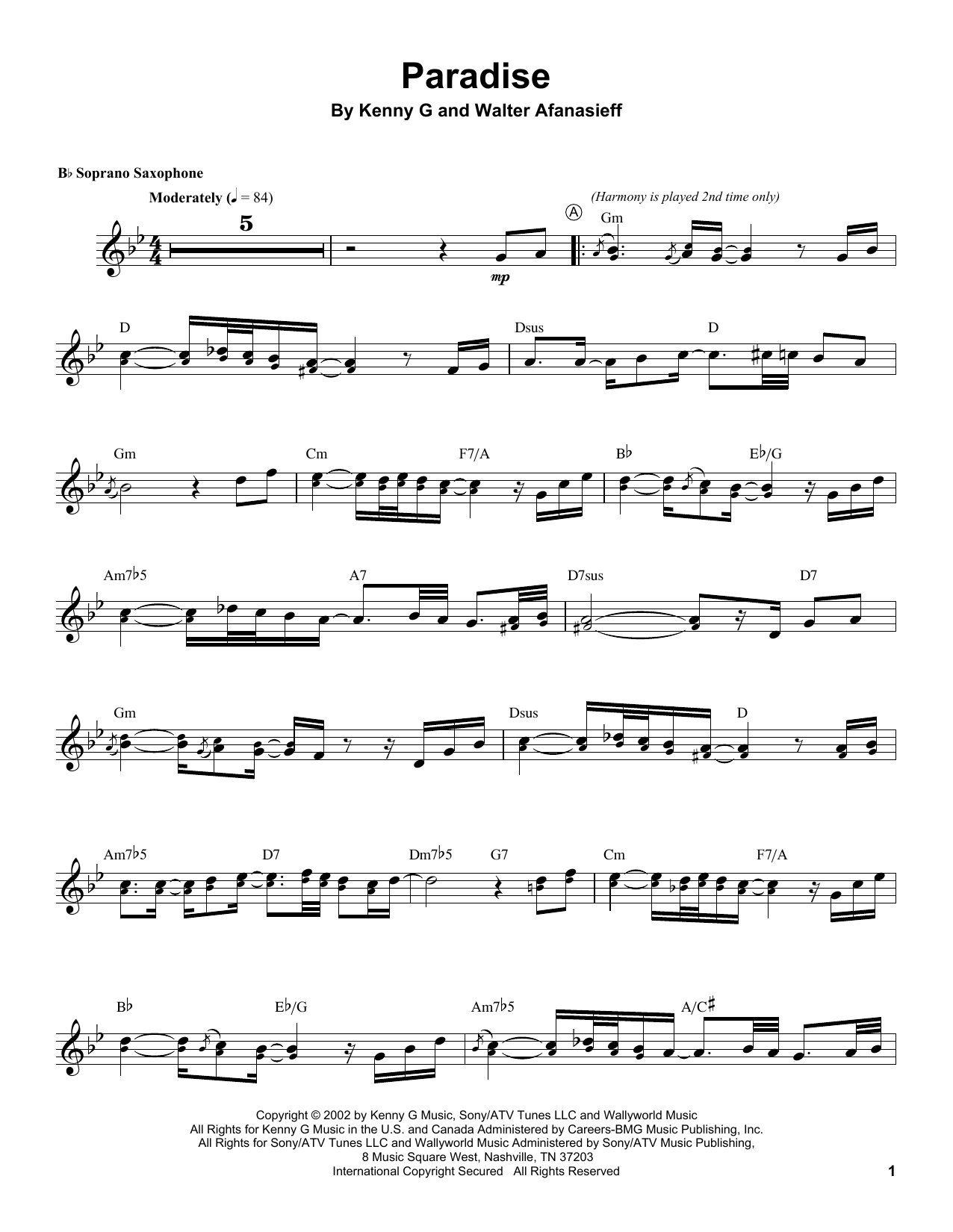 Kenny G "Paradise" Sheet Music Notes, Chords Soprano Sax