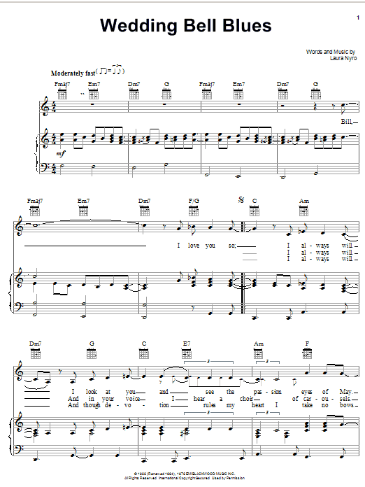 Laura Nyro "Wedding Bell Blues" Sheet Music Notes Download Printable