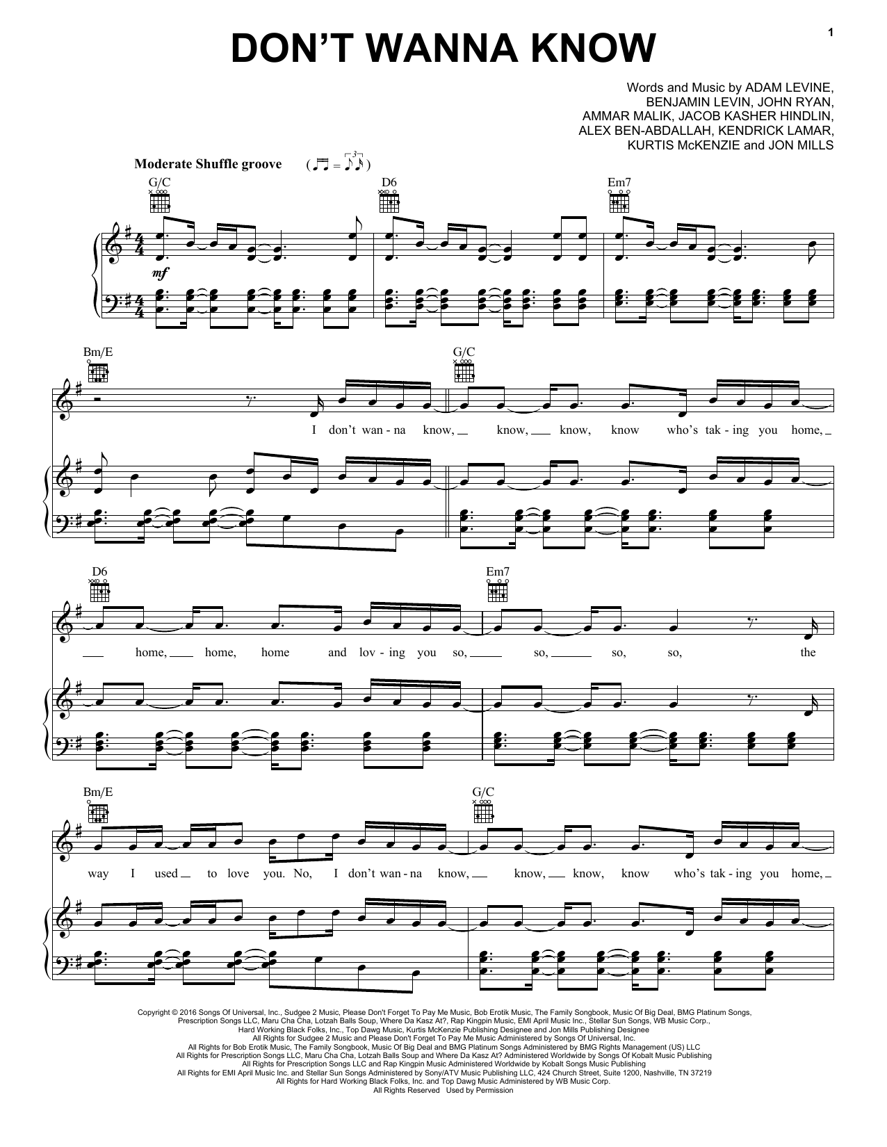 Maroon 5 "Don't Wanna Know" Sheet Music Notes, Chords | Piano, Vocal