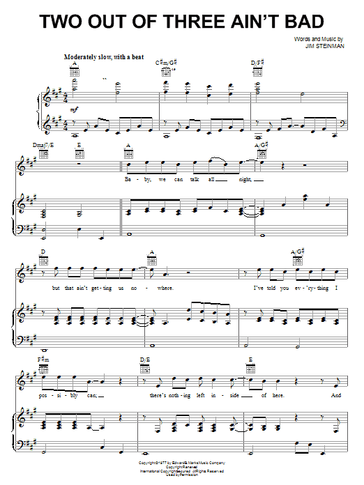 Meat Loaf "Two Out Of Three Ain't Bad" Sheet Music Notes, Chords