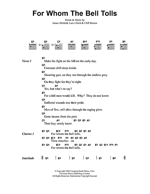 Metallica 'For Whom The Bell Tolls' Sheet Music Notes, Chords | D...