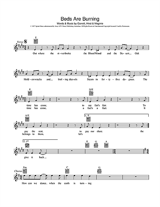 Midnight Oil "Beds Are Burning" Sheet Music Notes, Chords Guitar Tab