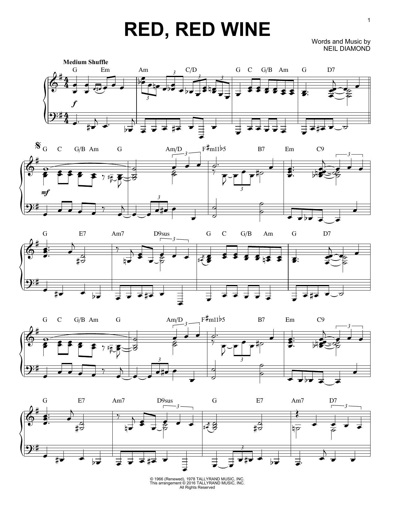 Neil Diamond "Red, Red Wine [Jazz version] Brent Edstrom)" Sheet Notes | Download Printable PDF Score 169363