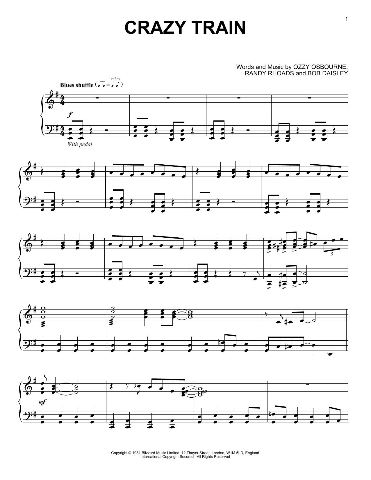 Ozzy Osbourne "Crazy Train" Sheet Music Notes, Chords | Piano Download
