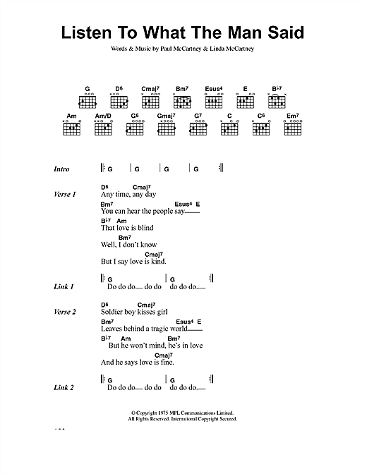 Paul mccartney wings listen to what the man said sheet music notes