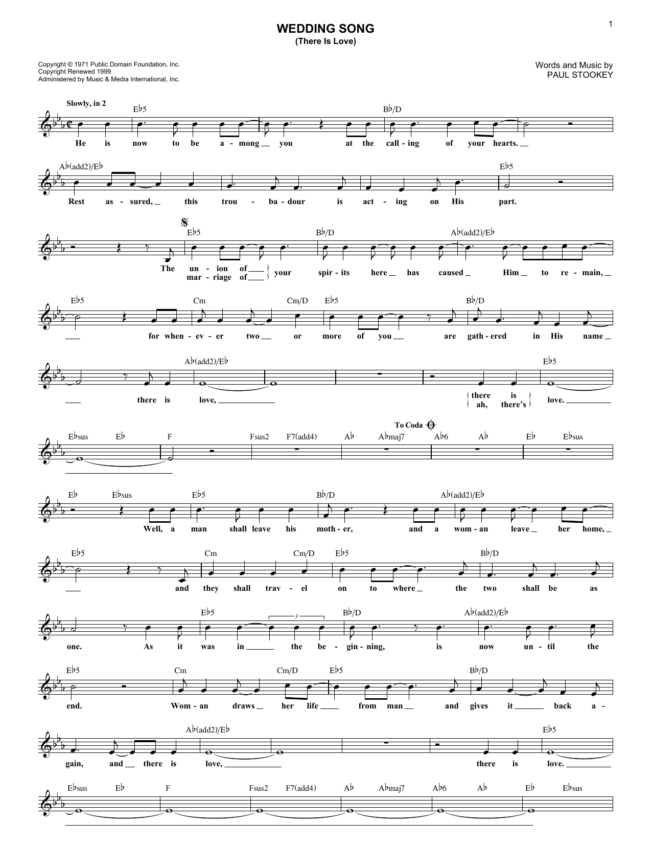 Peter, Paul & Mary "Wedding Song (There Is Love)" Sheet Music Notes