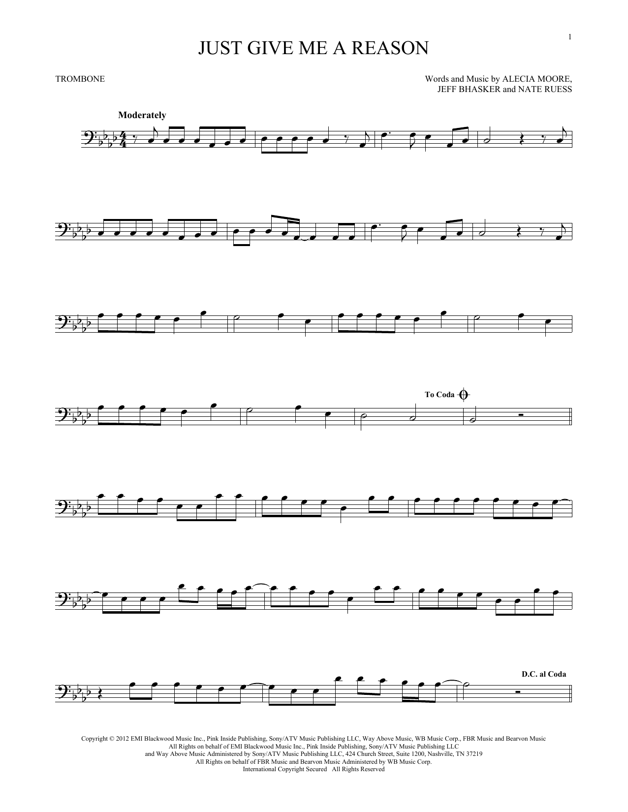 Pink "Just Give Me A Reason (feat. Nate Ruess)" Sheet Music Notes