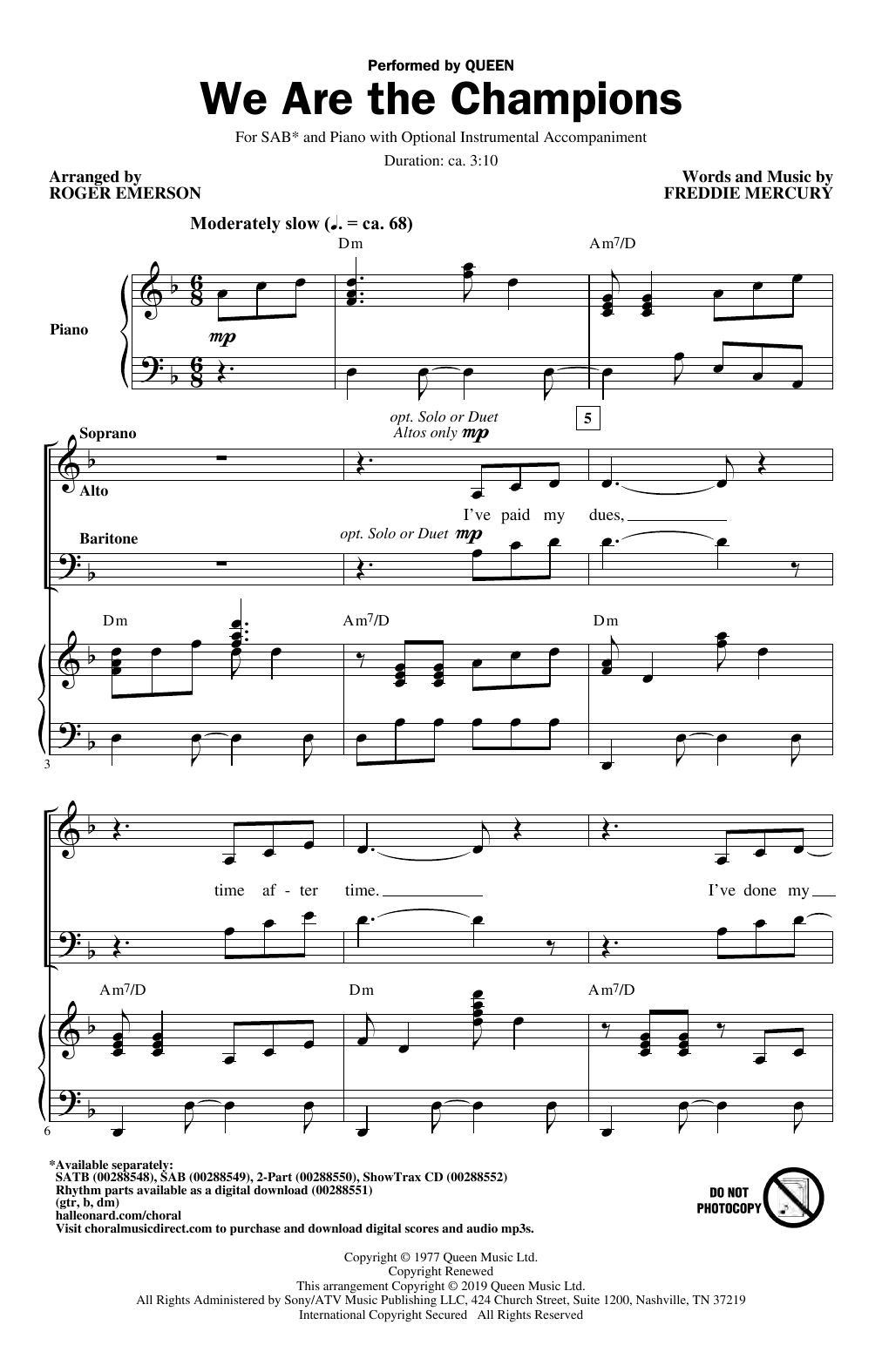 Queen We Are The Champions Arr Roger Emerson Sheet Music Notes Download Printable Pdf 