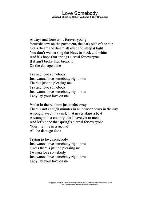 Robbie Williams Love Somebody Sheet Music Notes Download Printable 