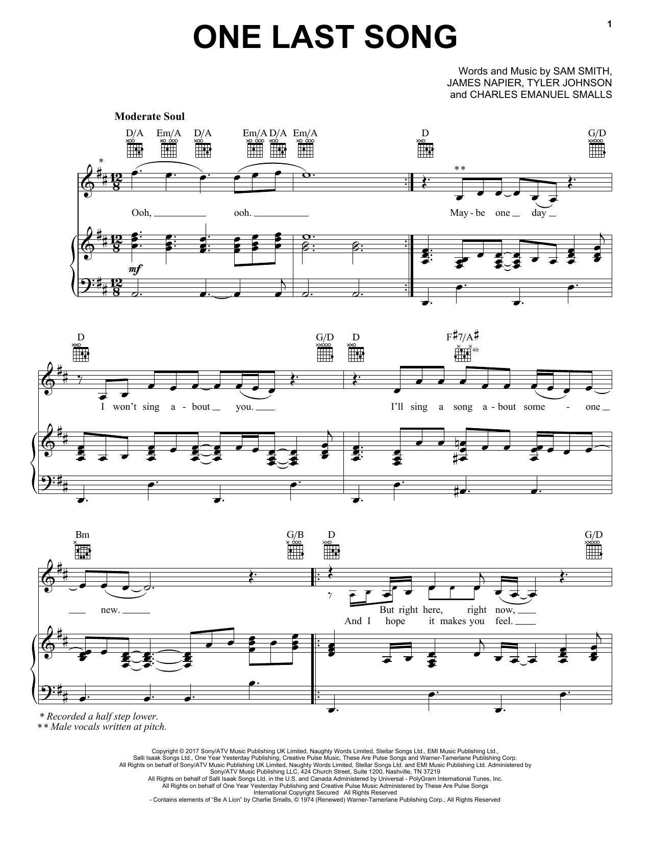 Sam Smith &quot;One Last Song&quot; Sheet Music Notes, Chords
